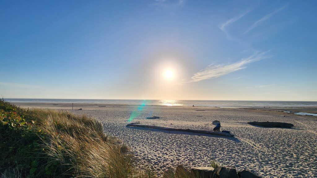 A wide sandy beach at low tide with the sun low over the ocean, dune grass in the foreground and a piece of driftwood on the sand, under a clear sky with a faint lens flare.