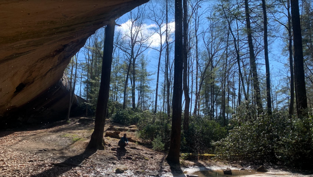 Casey ducked under the Council Chamber rock shelter
